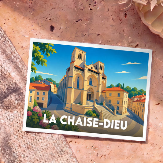 Carte postale souvenir de la ville de La Chaise-Dieu avec une illustration stylisée de son abbaye.
