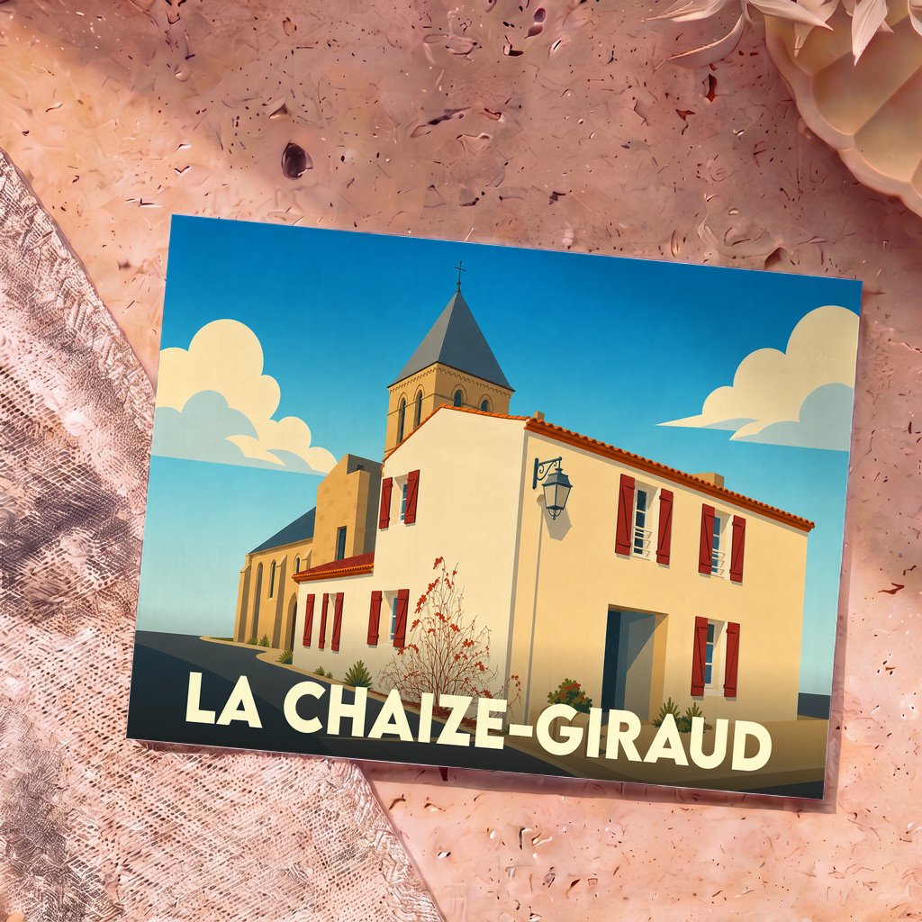 Carte postale souvenir de la ville de La Chaize-Giraud avec une illustration stylisée de son église et d'une maison aux volets rouges.