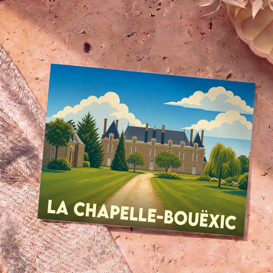 Carte postale souvenir de la ville de La Chapelle-Bouëxic illustrant son château dans un style graphique épuré.