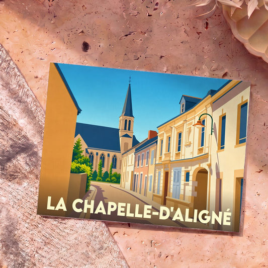 Carte postale souvenir de la ville de La Chapelle-d'Aligné avec une illustration stylisée.