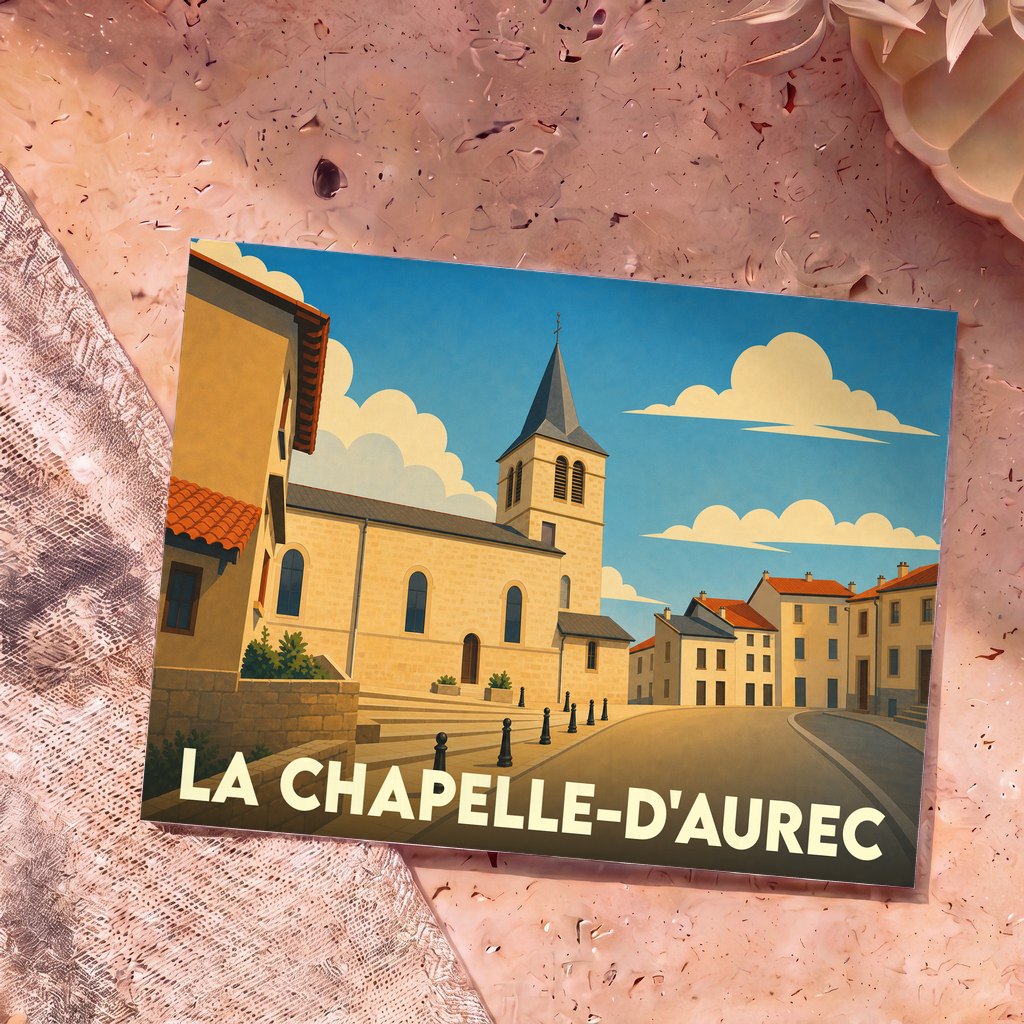 Carte postale souvenir de la ville de La Chapelle-d'Aurec avec une illustration stylisée de son église.