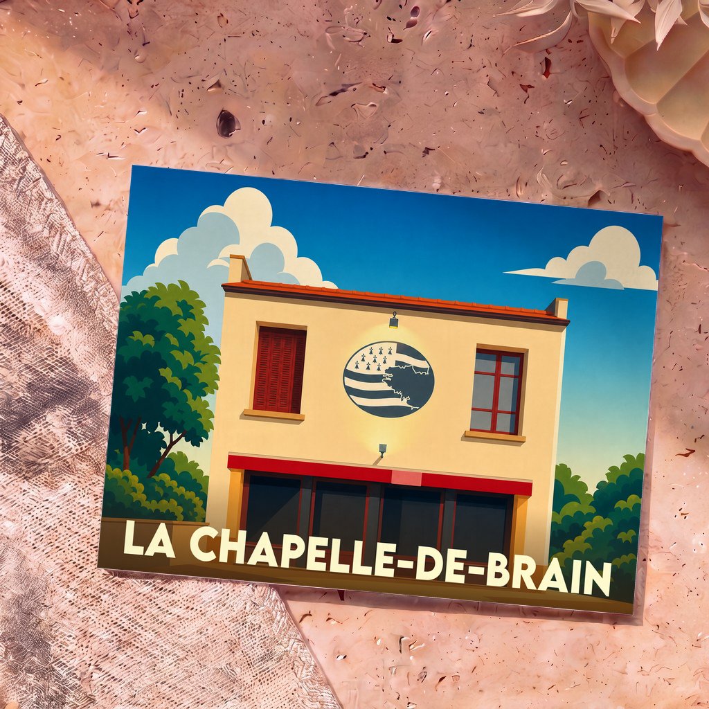 Carte postale souvenir de la ville de La Chapelle-de-Brain avec une illustration stylisée d'un bâtiment local.