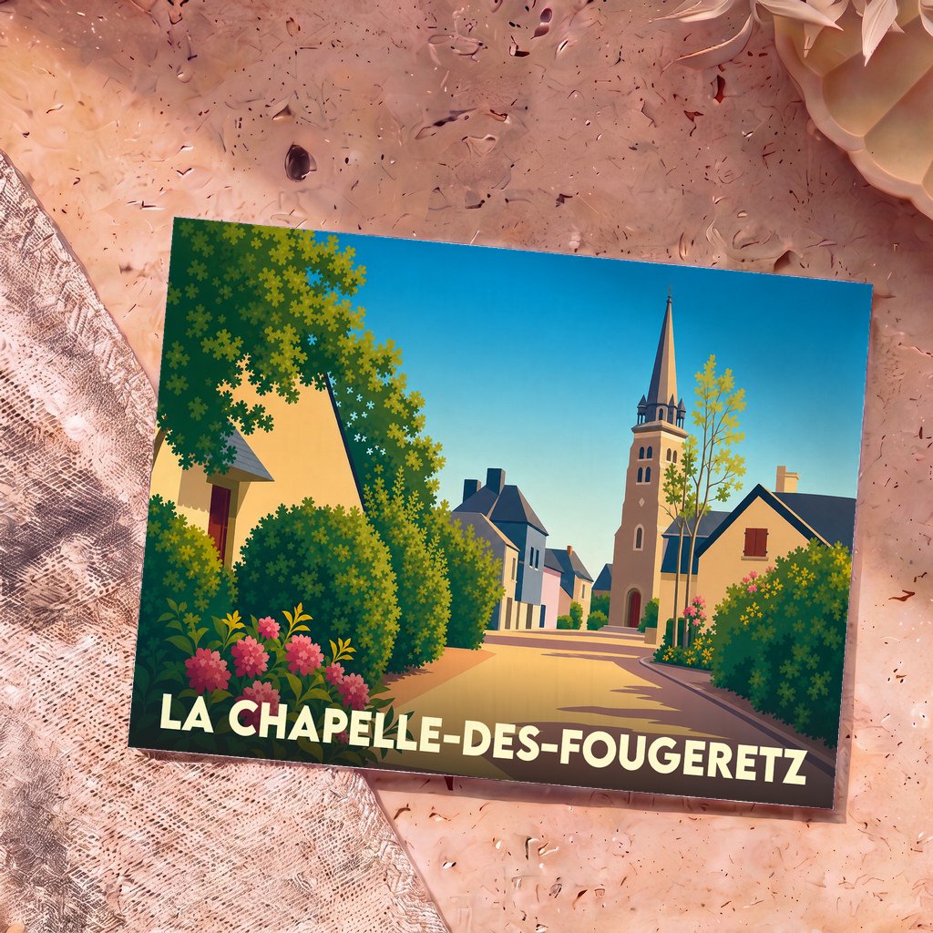 Carte postale souvenir de la ville de La Chapelle-des-Fougeretz avec une illustration stylisée.