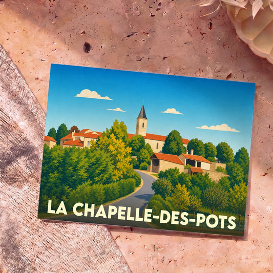 Carte postale souvenir de la ville de La Chapelle-des-Pots avec une illustration stylisée.