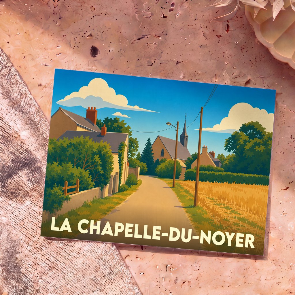 Carte postale souvenir de la ville de La Chapelle-du-Noyer avec une illustration stylisée et colorée.