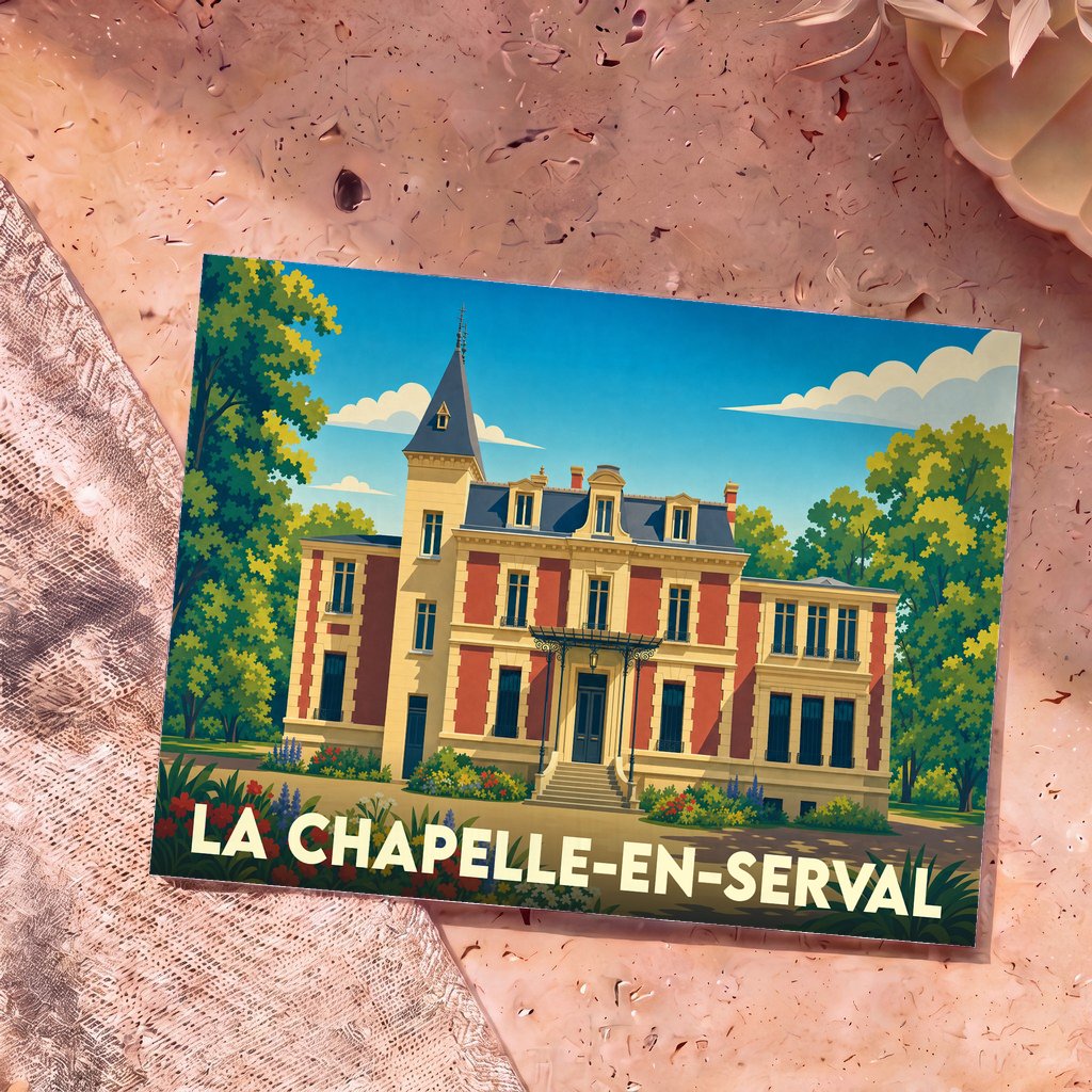 Carte postale souvenir de la ville de La Chapelle-en-Serval avec une illustration stylisée d'un château.