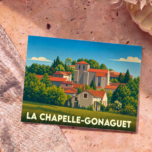 Carte postale souvenir de la ville de La Chapelle-Gonaguet avec une illustration stylisée du village entouré de verdure.