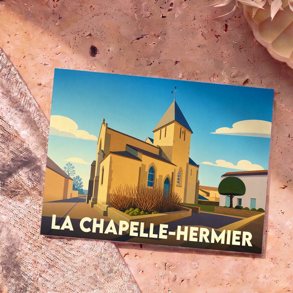 Carte postale souvenir de la ville de La Chapelle-Hermier présentant une illustration stylisée de son église sous un ciel bleu.