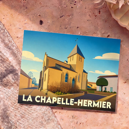 Carte postale souvenir de la ville de La Chapelle-Hermier présentant une illustration stylisée de son église sous un ciel bleu.