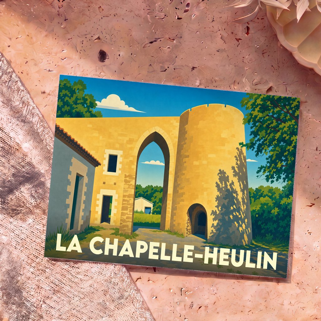 Carte postale souvenir de la ville de La Chapelle-Heulin illustrant une porte fortifiée historique dans un style graphique épuré.