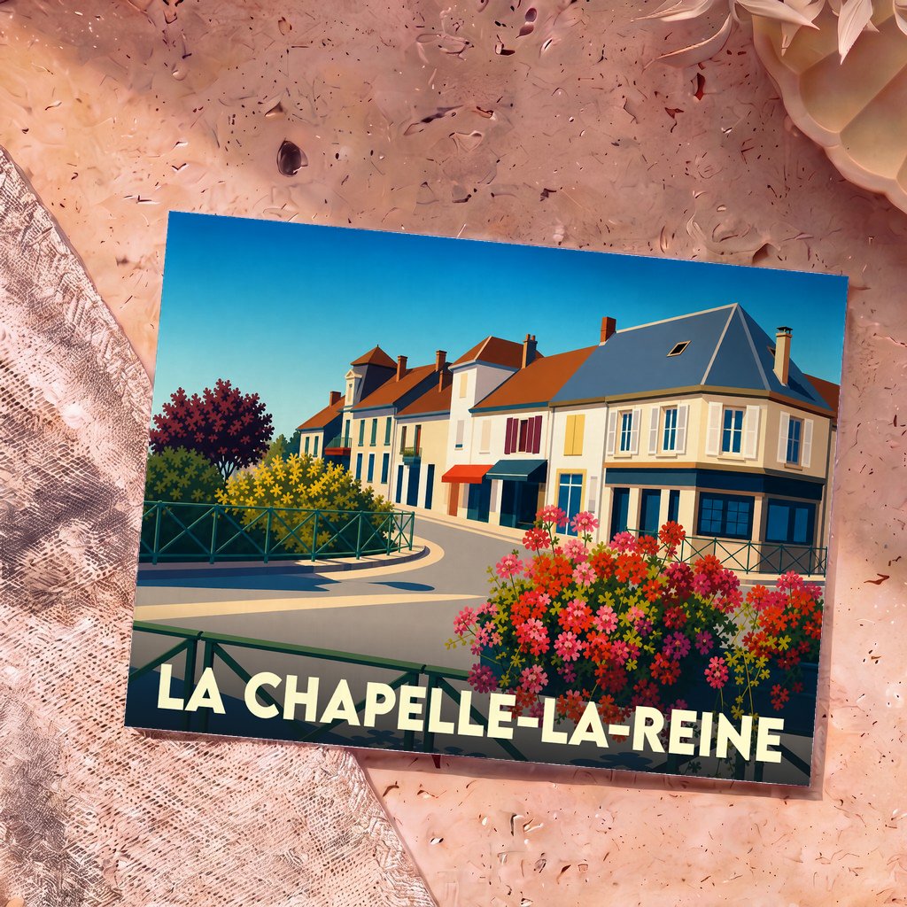 Carte postale souvenir de la ville de La Chapelle-la-Reine avec une illustration stylisée et colorée.