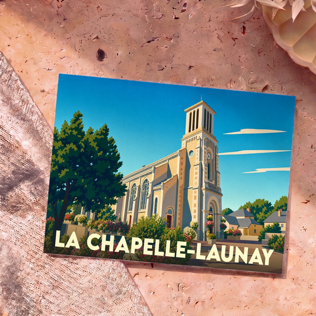 Carte postale souvenir de la ville de La Chapelle-Launay avec une illustration stylisée de son église sous un ciel bleu.