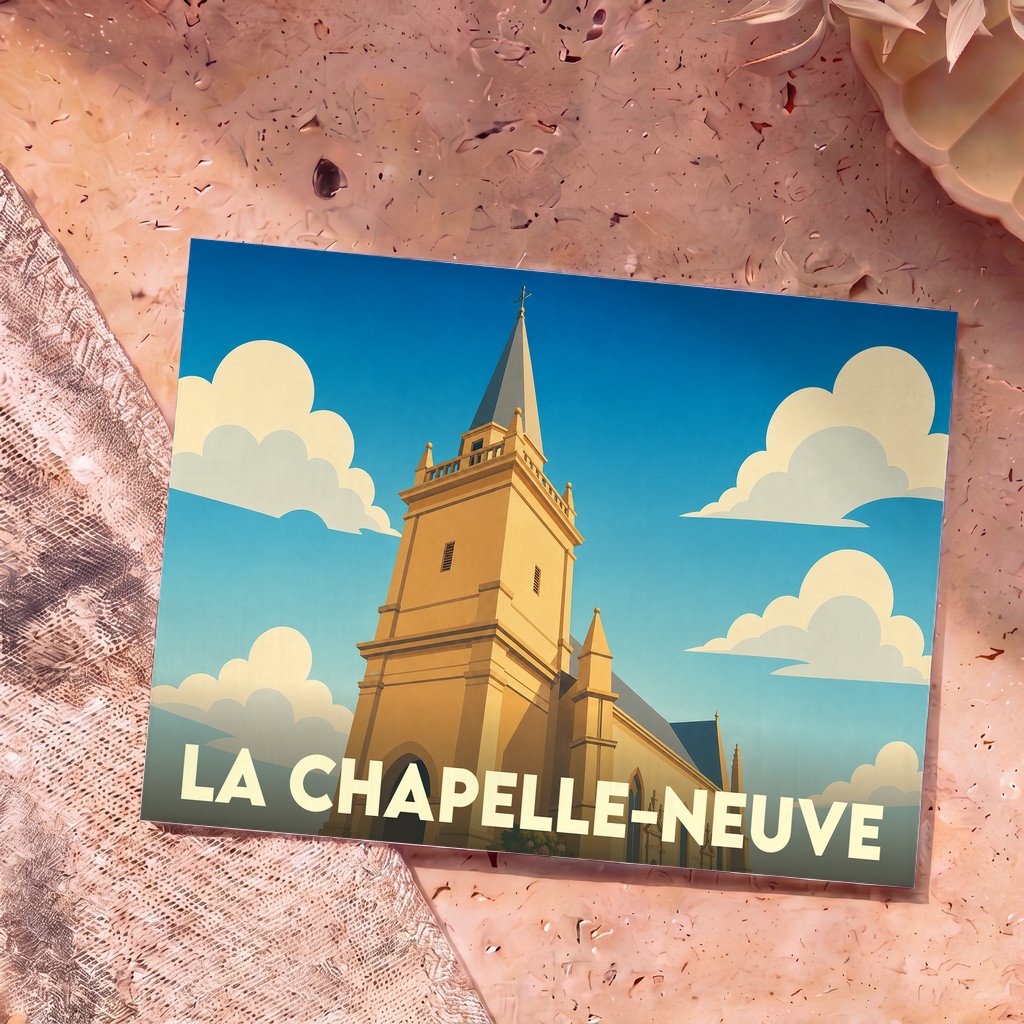 Carte postale souvenir de la ville de La Chapelle-Neuve avec une illustration stylisée de son église sous un ciel nuageux.