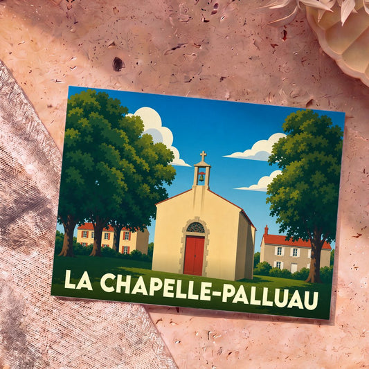 Carte postale souvenir de la ville de La Chapelle-Palluau avec une illustration stylisée de sa chapelle.