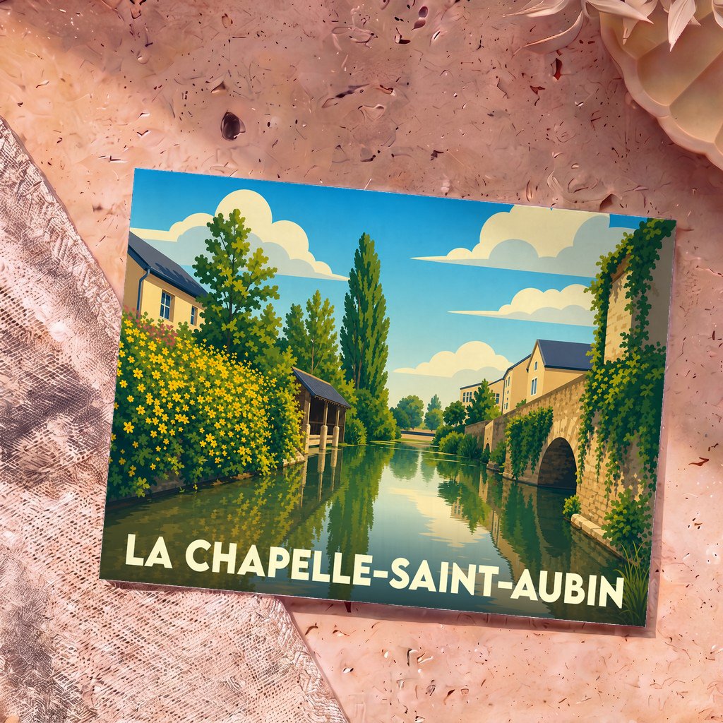 Carte postale souvenir de la ville de La Chapelle-Saint-Aubin avec une illustration stylisée de ses bords de l'eau.