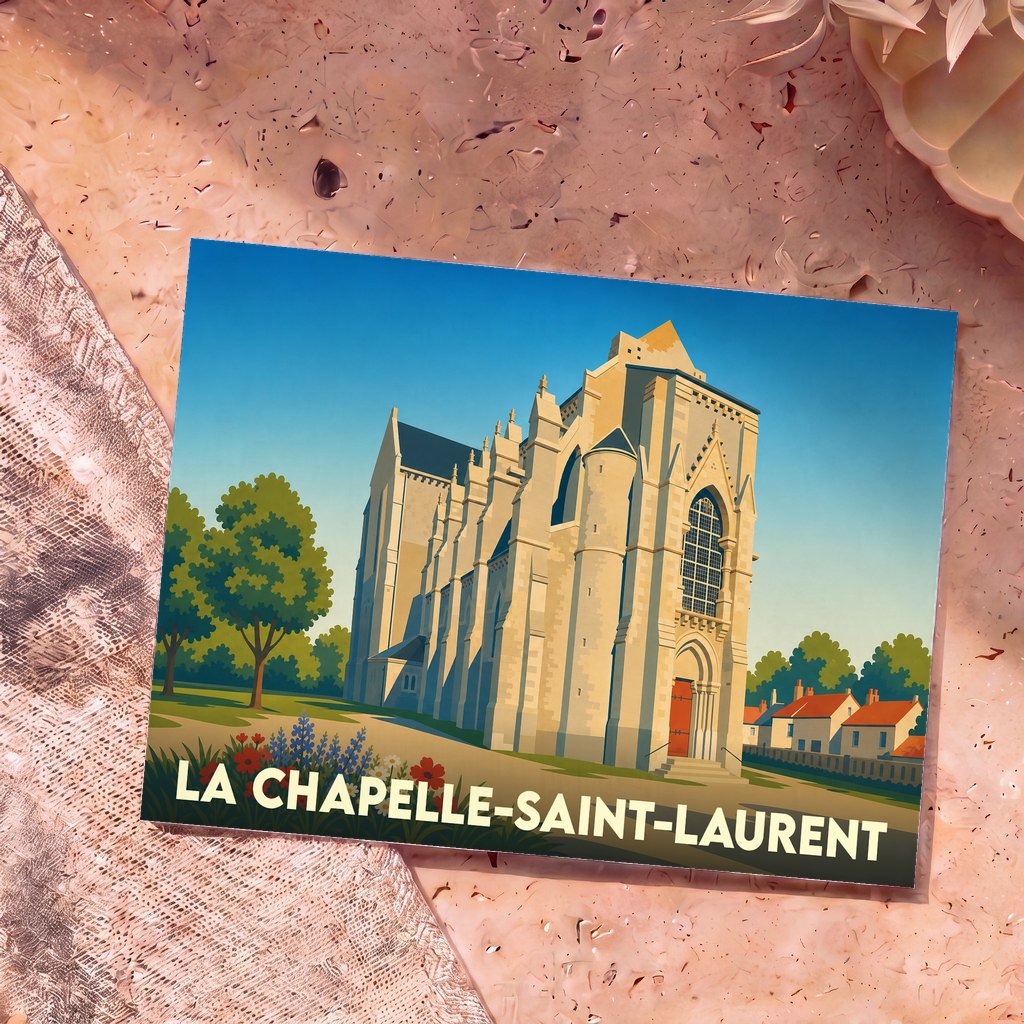 Carte postale souvenir de la ville de La Chapelle-Saint-Laurent avec une illustration stylisée de son église.
