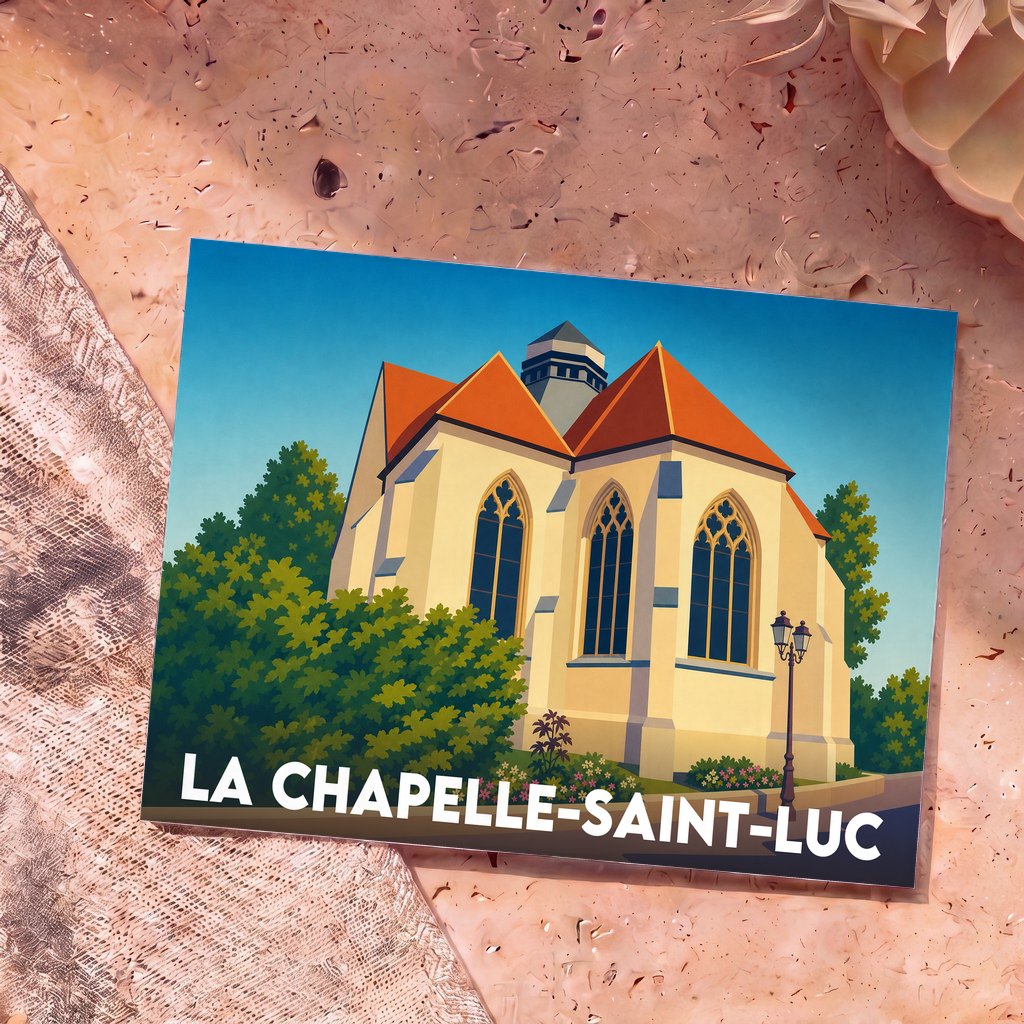 Carte postale souvenir de la ville de La Chapelle-Saint-Luc avec une illustration stylisée de son église.