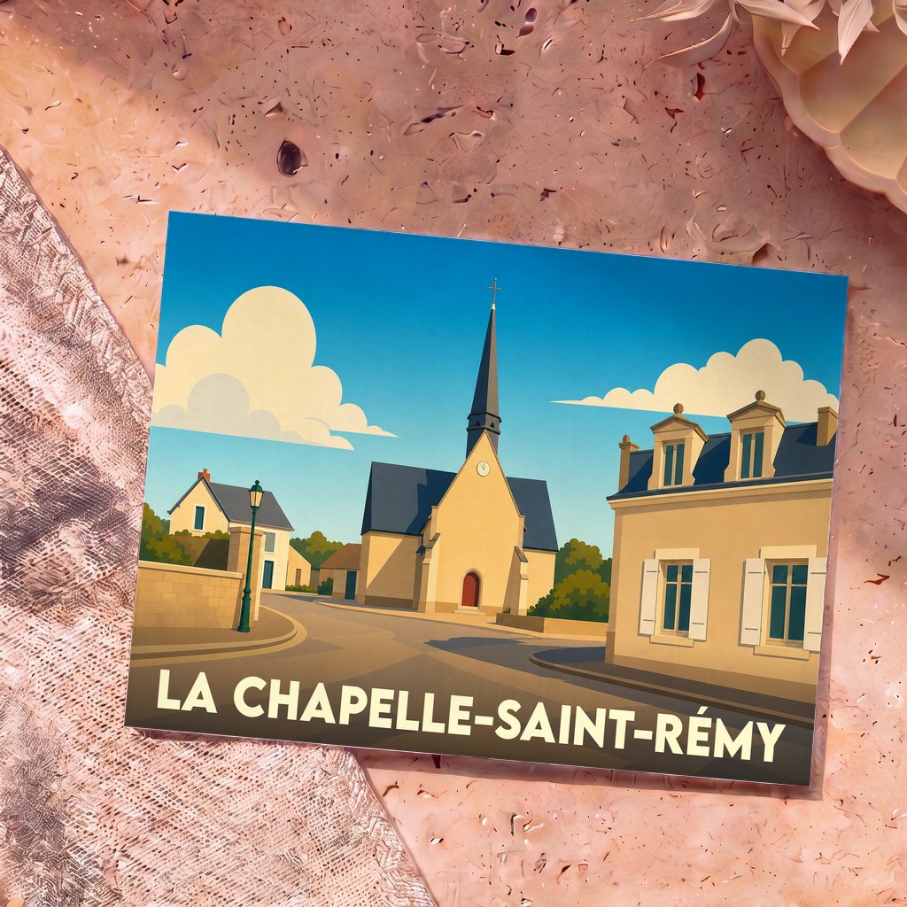 Carte postale souvenir de La Chapelle-Saint-Rémy illustrant son église et ses maisons dans un style graphique épuré.