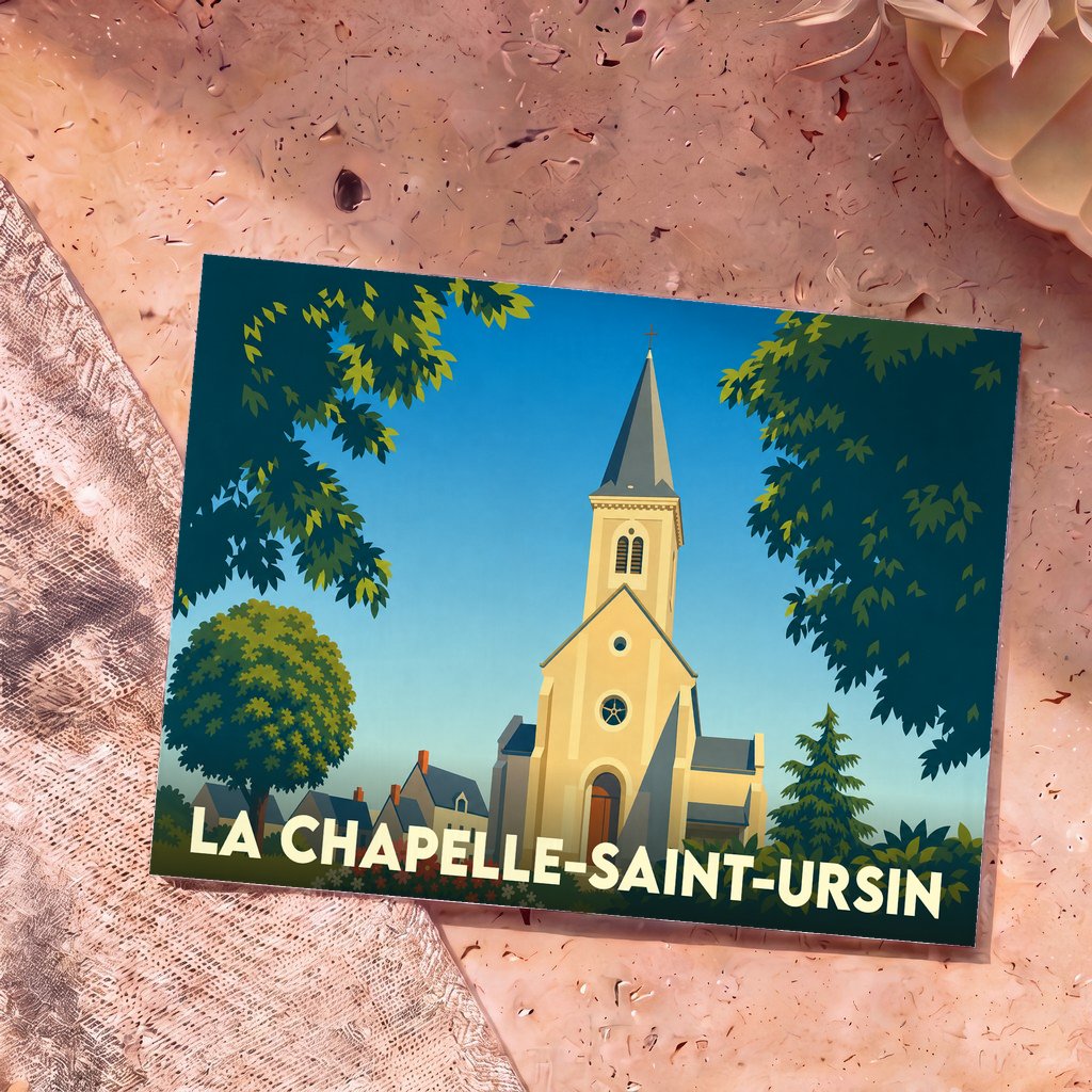 Carte postale souvenir de la ville de La Chapelle-Saint-Ursin avec une illustration stylisée de son église sous un ciel bleu.