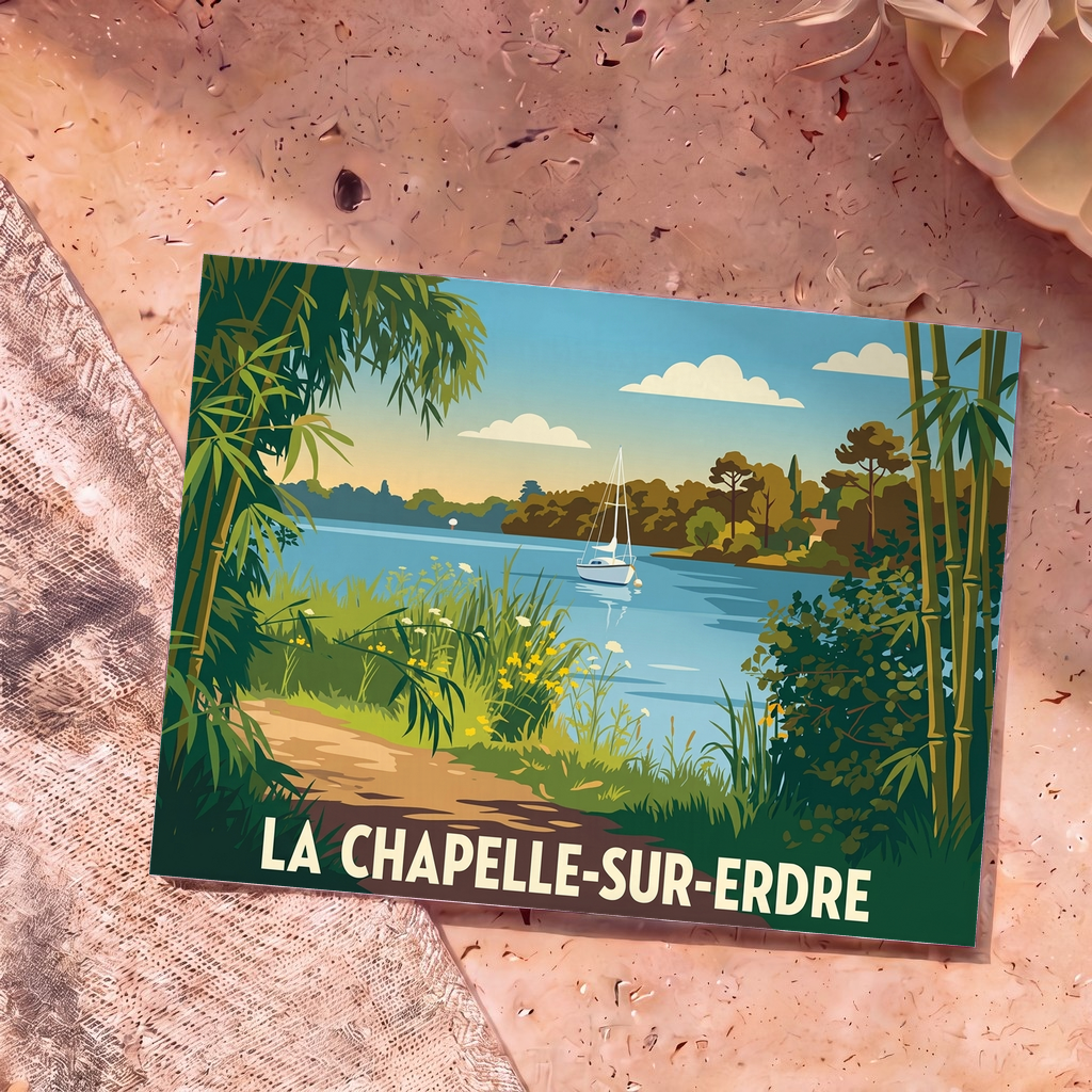 Carte postale souvenir de la ville de La Chapelle-sur-Erdre avec une illustration stylisée des bords de l'Erdre.