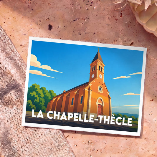 Carte postale souvenir de la ville de La Chapelle-Thècle avec une illustration stylisée de son église.