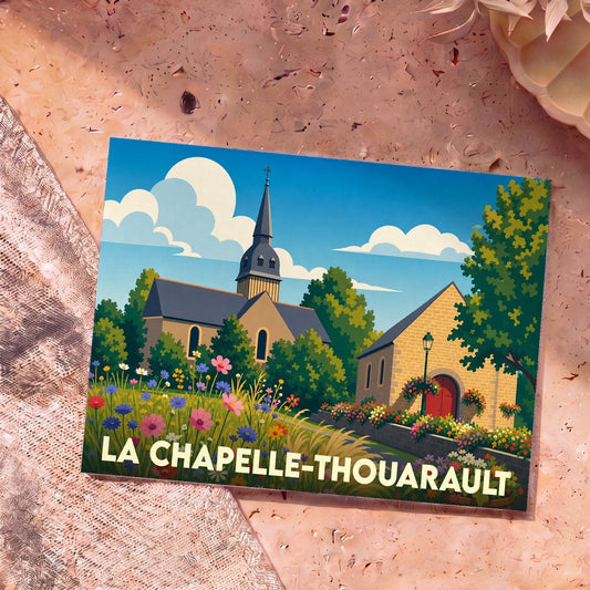 Carte postale souvenir de la ville de La Chapelle-Thouarault avec une illustration colorée et champêtre de son église.