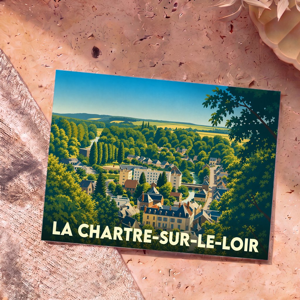 Carte postale souvenir de La Chartre-sur-le-Loir avec une illustration stylisée de la ville entourée de verdure.