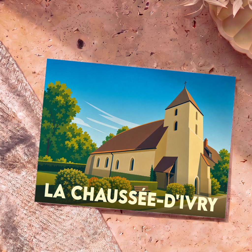 Carte postale souvenir de la ville de La Chaussée-d'Ivry avec une illustration stylisée de son église.