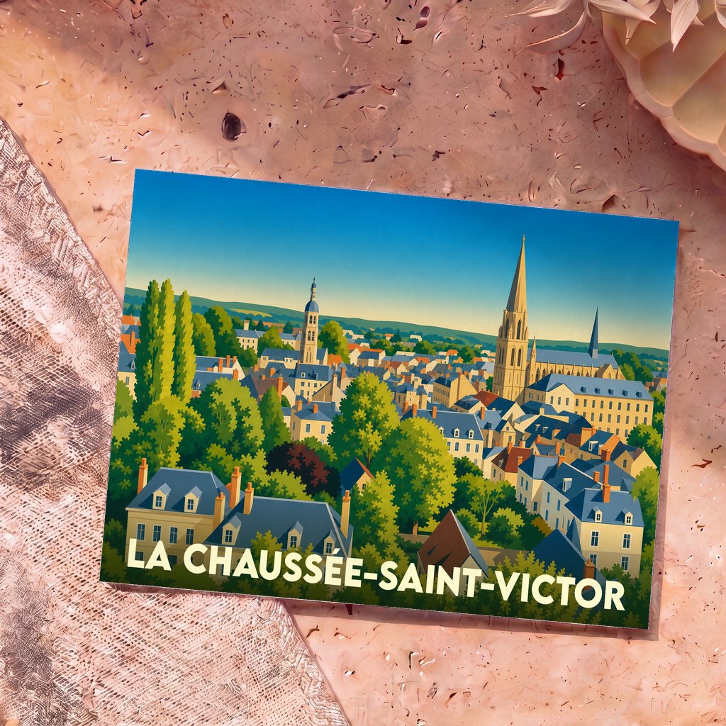 Carte postale souvenir de la ville de La Chaussée-Saint-Victor avec une illustration stylisée et colorée.