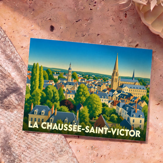 Carte postale souvenir de la ville de La Chaussée-Saint-Victor avec une illustration stylisée et colorée.