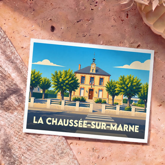 Carte postale souvenir de la ville de La Chaussée-sur-Marne illustrant sa mairie dans un style graphique épuré.