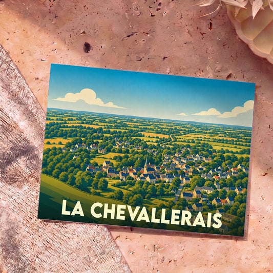 Carte postale souvenir de la ville de La Chevallerais avec une illustration stylisée d'un village verdoyant.