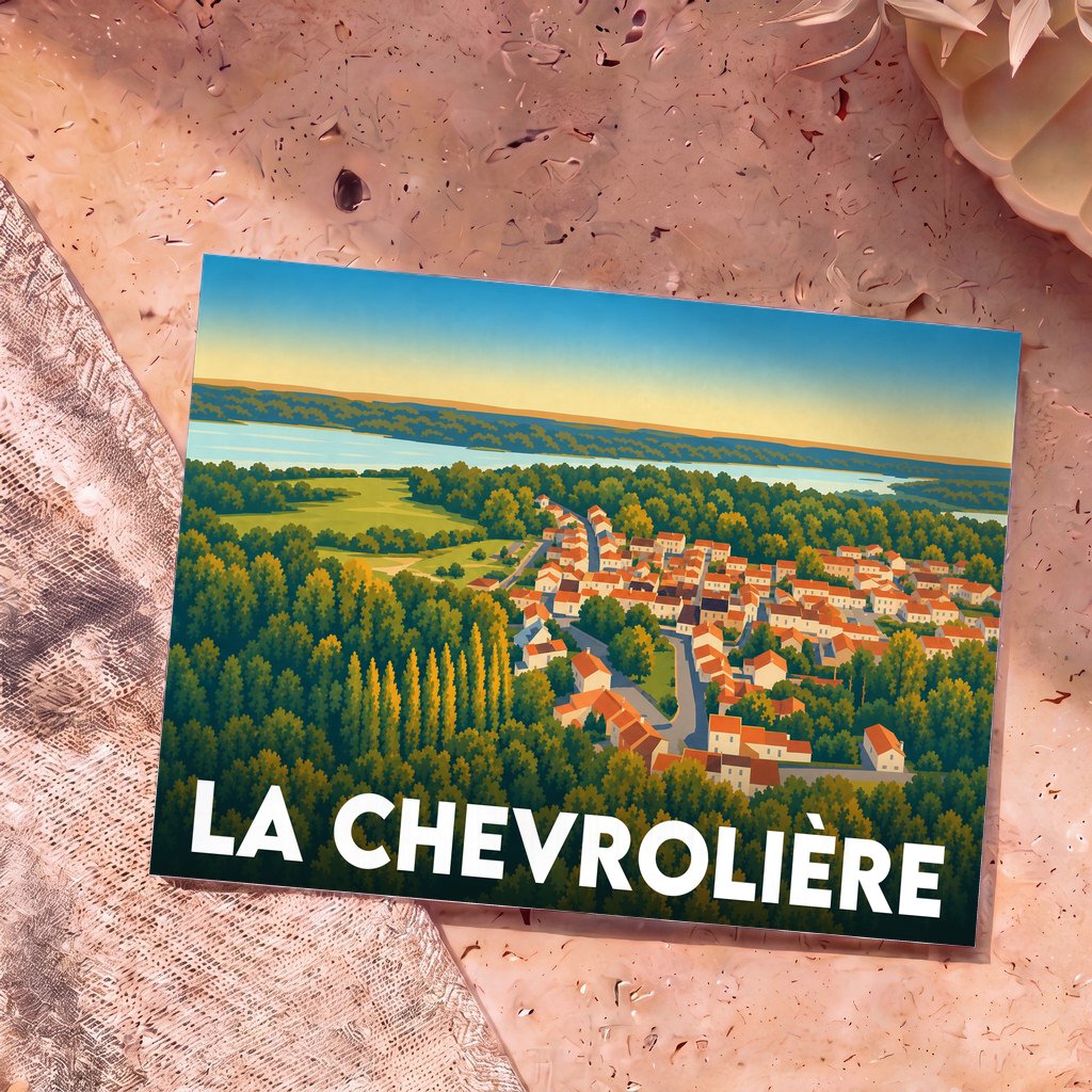 Carte postale souvenir de la ville de La Chevrolière avec une illustration stylisée vue du ciel.