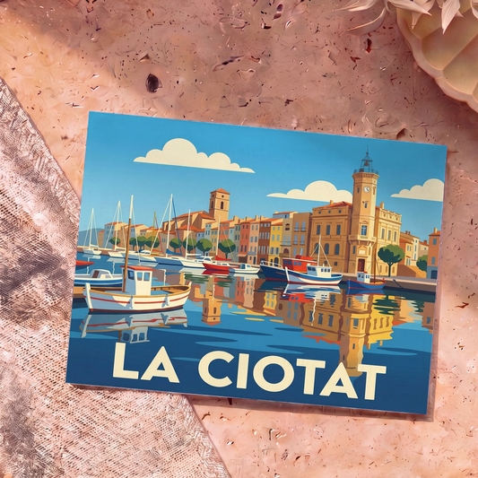 Carte postale souvenir de la ville de La Ciotat avec une illustration stylisée de son port et de ses façades colorées.