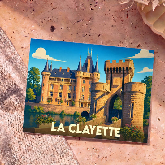 Carte postale souvenir de la ville de La Clayette illustrant son château et son pont-levis dans un style coloré et graphique.