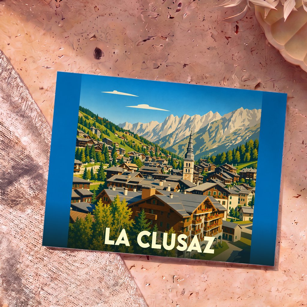Carte postale souvenir de la ville de La Clusaz illustrant une vue panoramique de la station de montagne.
