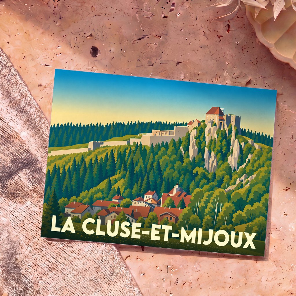 Carte postale souvenir de la ville de La Cluse-et-Mijoux avec une illustration stylisée du Château de Joux surplombant la forêt.