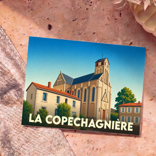 Carte postale souvenir de la ville de La Copechagnière avec une illustration stylisée de son église.