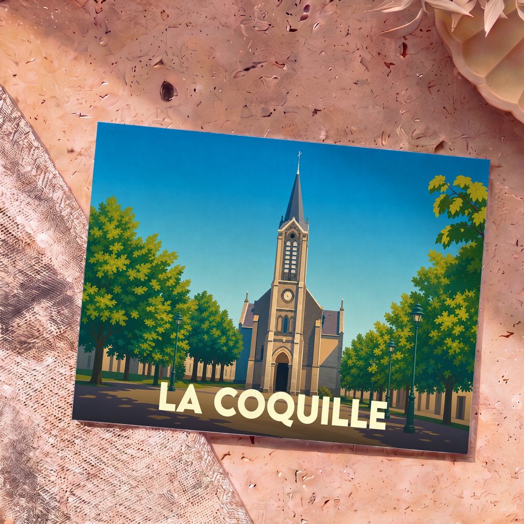 Carte postale souvenir de la ville de La Coquille avec une illustration stylisée de son église.