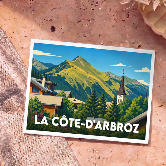 Carte postale souvenir de La Côte-d'Arbroz illustrant les montagnes et le village dans un style rétro.