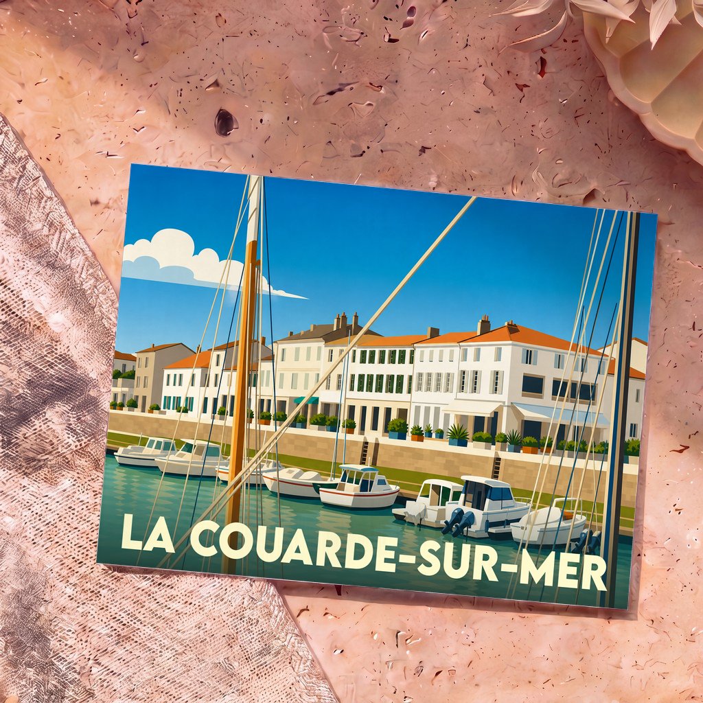 Carte postale souvenir de La Couarde-sur-Mer avec une illustration stylisée de son port et de ses façades blanches.
