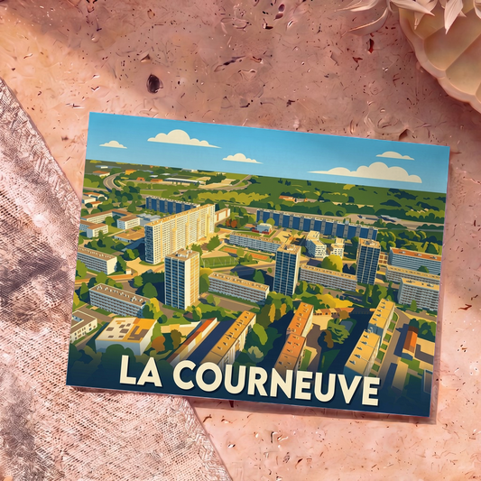 Carte postale souvenir de la ville de La Courneuve avec une illustration stylisée d'une vue aérienne urbaine.