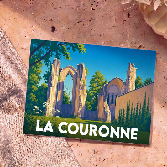 Carte postale souvenir de la ville de La Couronne avec une illustration stylisée de son abbaye en ruines.