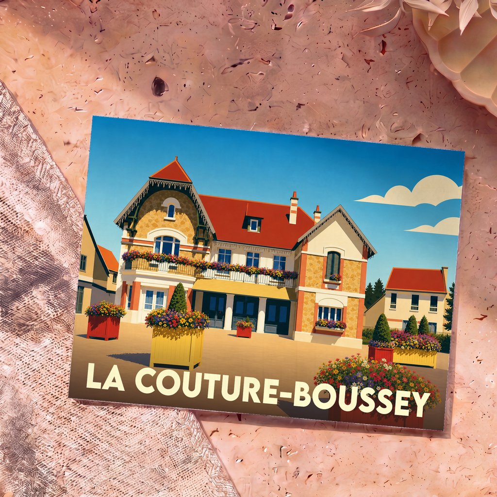 Carte postale souvenir de la ville de La Couture-Boussey avec une illustration stylisée de sa mairie fleurie.