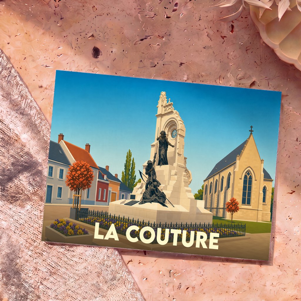 Carte postale souvenir de la ville de La Couture avec une illustration stylisée de son monument aux morts et de son église.