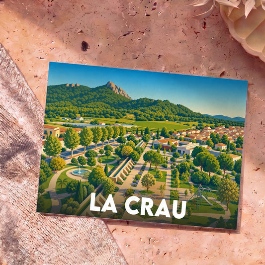 Carte postale souvenir de la ville de La Crau avec une illustration stylisée de ses paysages et parcs.