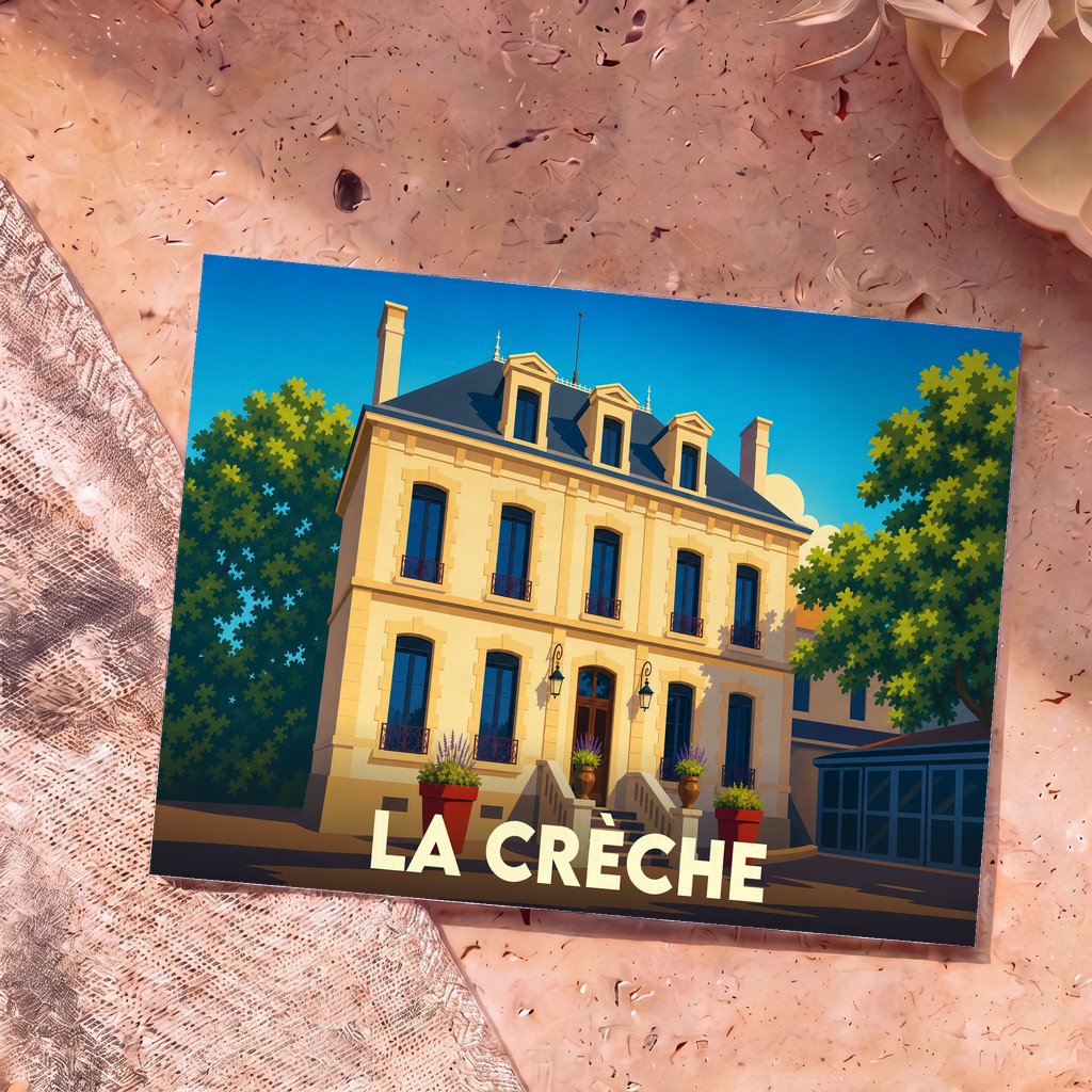 Carte postale souvenir de la ville de La Crèche avec une illustration stylisée d'un bâtiment de ville.