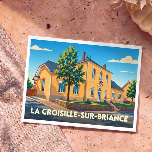 Carte postale souvenir de la ville de La Croisille-sur-Briance avec une illustration stylisée de sa mairie.