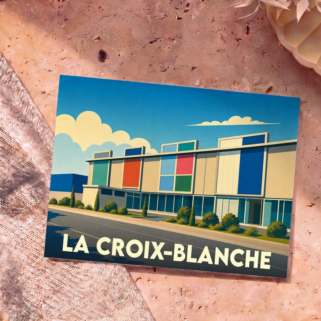 Carte postale souvenir de la ville de La Croix-Blanche avec une illustration stylisée et colorée de son architecture.