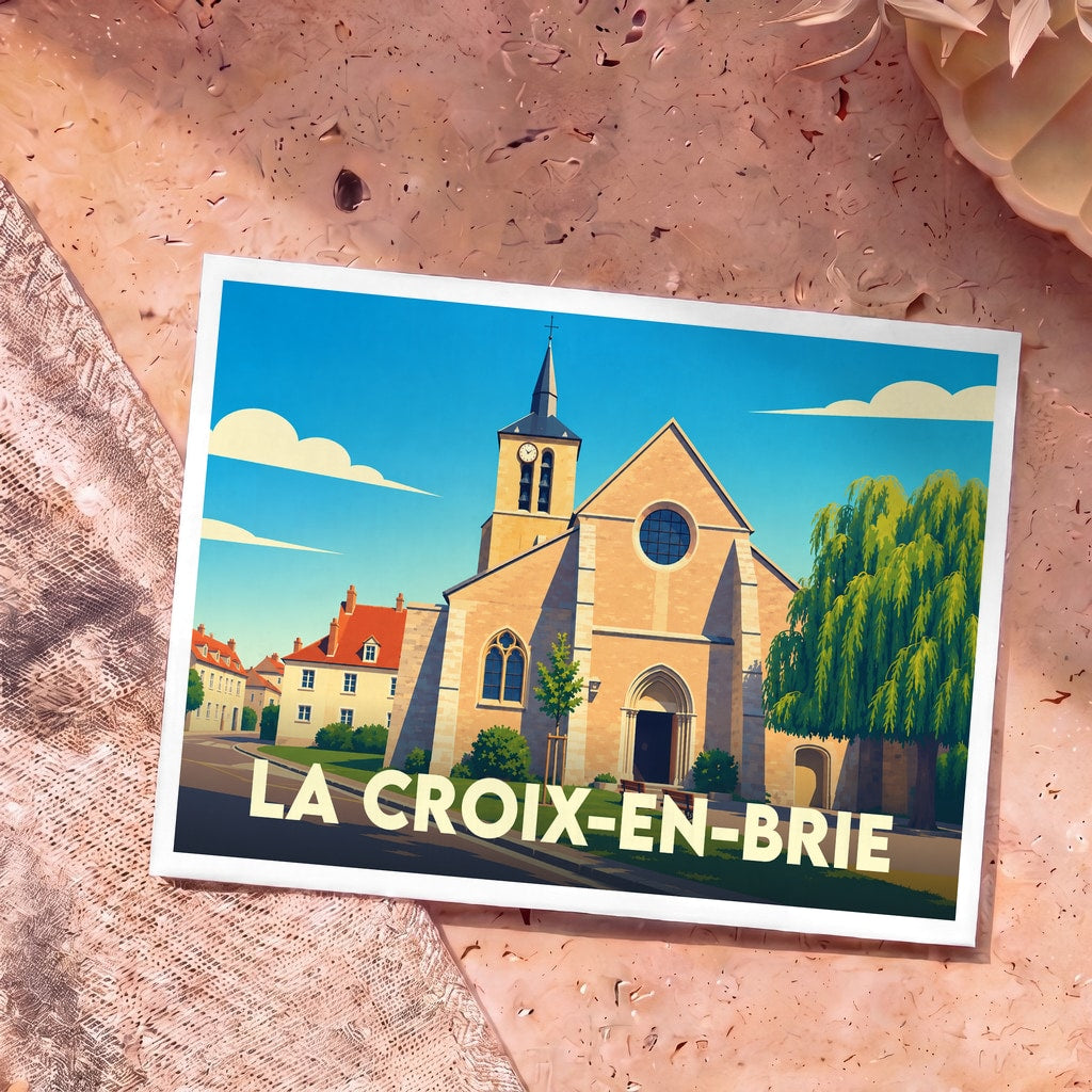 Carte postale souvenir de la ville de La Croix-en-Brie avec une illustration stylisée de son église.